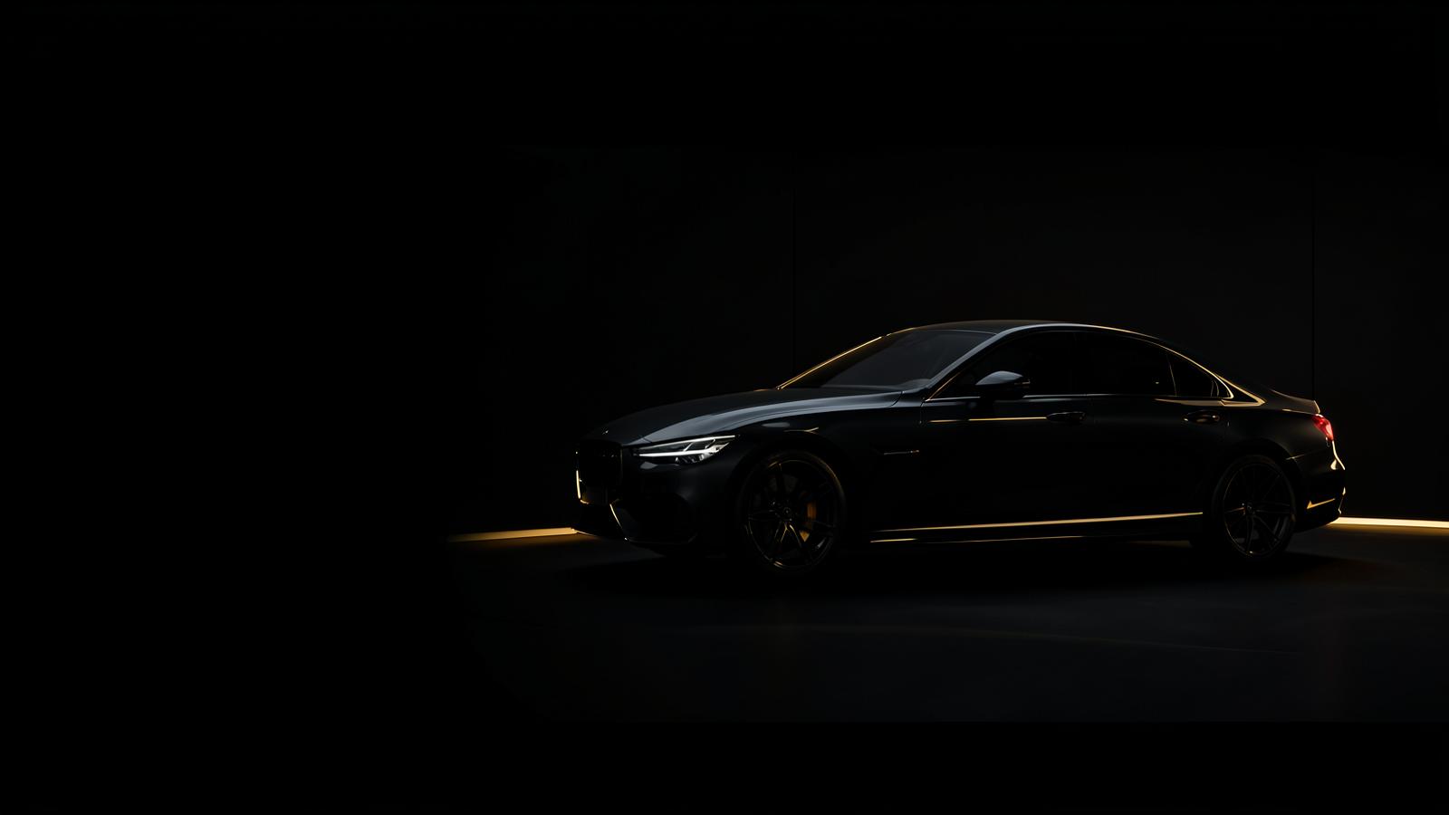 Carro premium em showroom escuro com iluminação âmbar